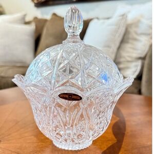 Deplomb Cut Crystal Candy Dish w Lid Vintage Diamond Pattern Trinket Bowl